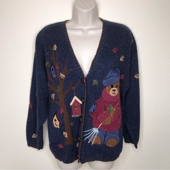 Mandal Bay Teddy Bear Blue Button Front V Neck Long Sleeve Cardigan Size Large - Picture 11 of 12